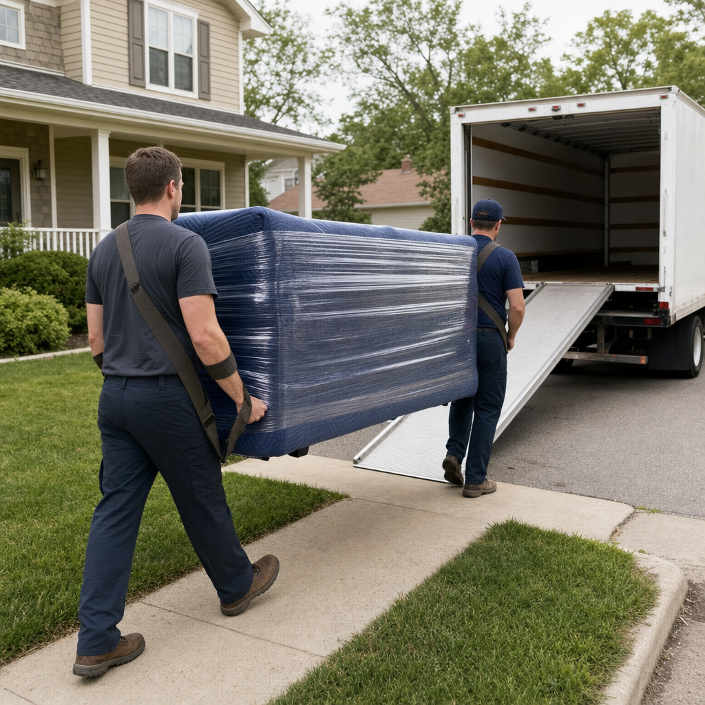Uniformed Yuma moving crew carrying a shrink-wrapped sofa down a residential walkway toward an open box-truck ramp